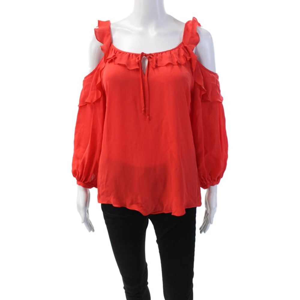 Parker Women's Scoop Neck Cold Shoulder Ruffle Silk Blouse Red Size S